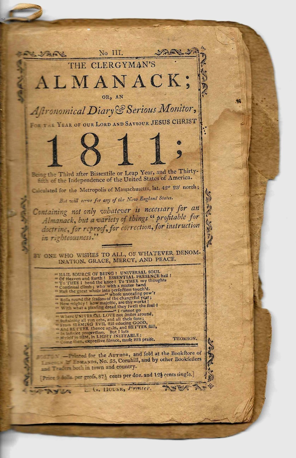 1811- The Clergyman’s Almanack- ( 47 ) Pages-Held together by String- ( Fragile)